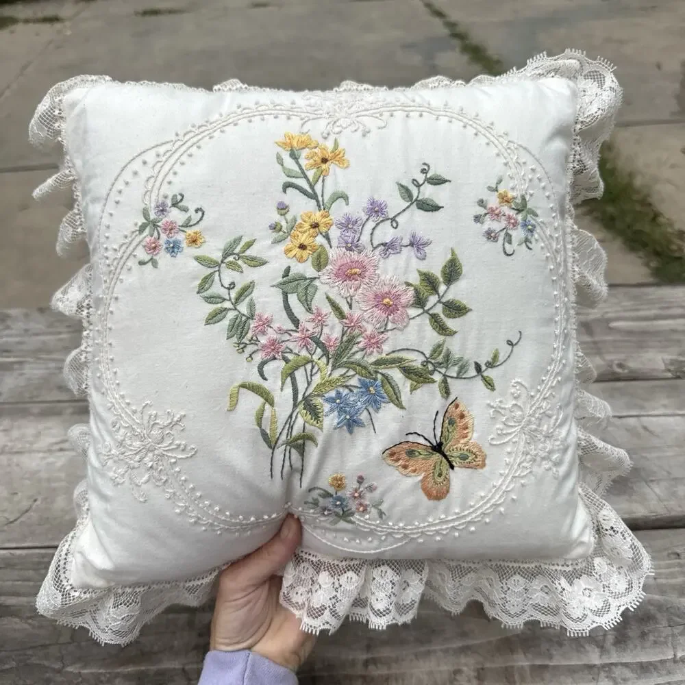 Vintage Williamsburg Pink Rose Butterfly Needlepoint Pillow Flowers